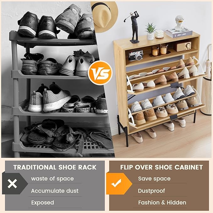 47" Fluted Large Shoe Cabinet with 4 Flip Drawers, Slim Freestanding Shoe Cabinet Organizer, Narrow Shoes Storage Rack for Entryway, 5 Sturdy Legs (All Natural-2 drawers, 9.45"D x 31.5"W x 41.93"H)