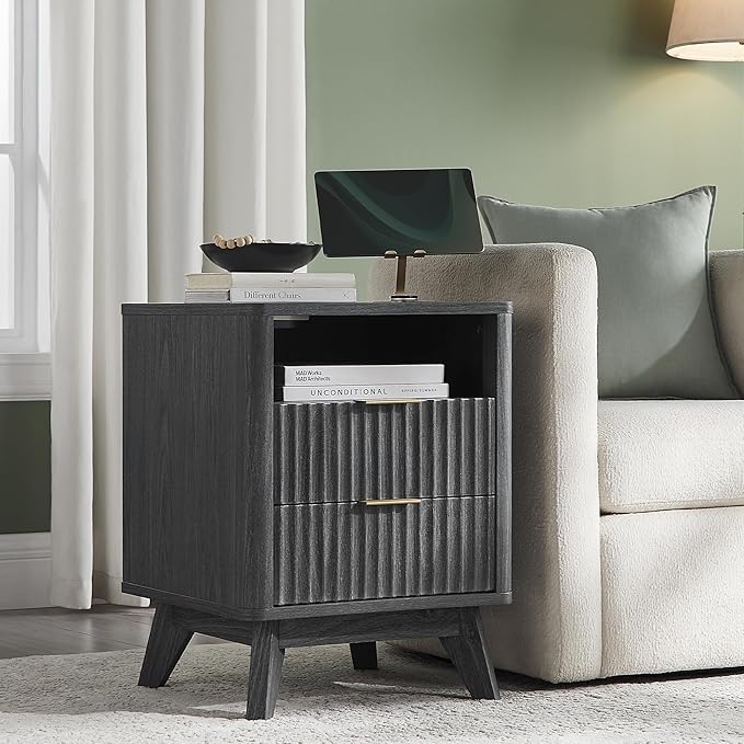 T4TREAM Fluted Nightstand with Charging Station, 18" Modern Side Table, 2 Drawers End Table with Storage, Bedside Table for Bedroom, Living Room, Curved Profile Design, Dark Alder