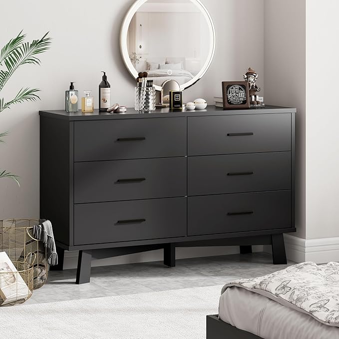 Dresser for Bedroom with 6 Drawer, Modern Chest of Drawers with X-Shaped Sturdy Base, Wide Wood Double Dresser Closet Clothes Storage Organizer, Wooden TV Stand for Living Room, Hallway, Black