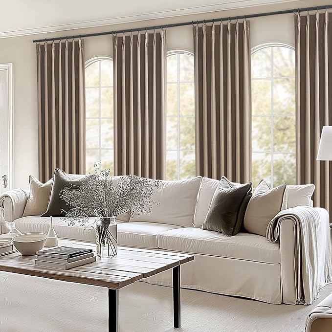 Topfinel Extra Long Total Blackout Linen Curtains 108 Inches Long for Living Room Large Window with Hooks Rings, Pinch Pleated Cold Blocking Acoustic Heavy Taupe Track Curtains 2 Panels 9 FT
