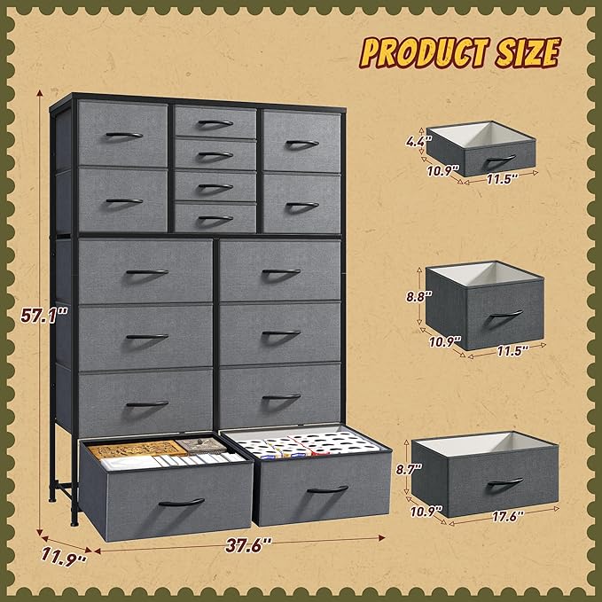57“H Dresser for Bedroom with Drawers,Fabric Dressers & Chests of Drawers for Bedroom,Large Dresser, Sturdy Metal Frame & Wood Top,Entryway, Hallway(Grey)
