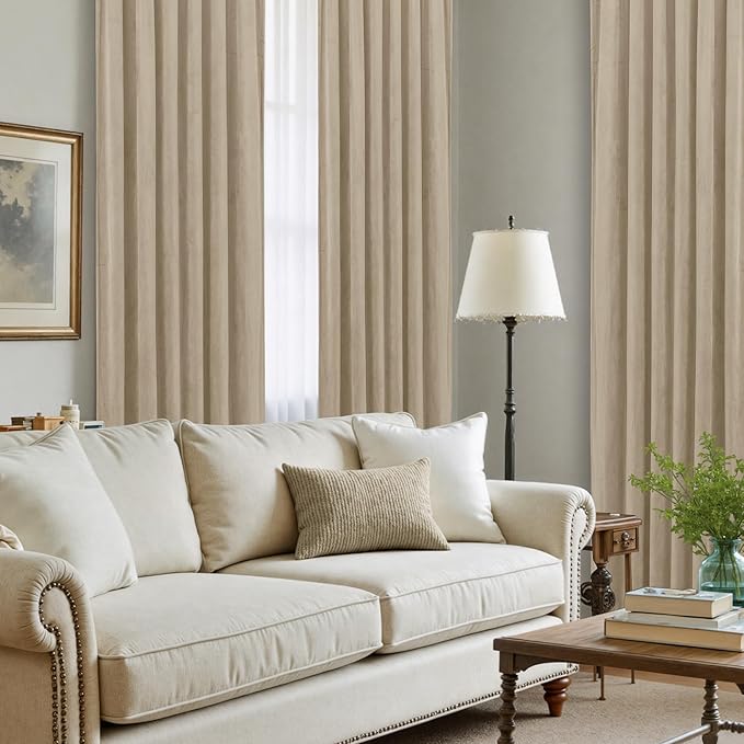 LAMIT Taupe Velvet Curtains 108 Inch for Living Room, Thick Thermal Insulated Room Darkening Drapes Super Soft Elegant Back Tab and Rod Pocket Panels for Sliding Glass Door, 2 Panels, 52 x 108 Inch