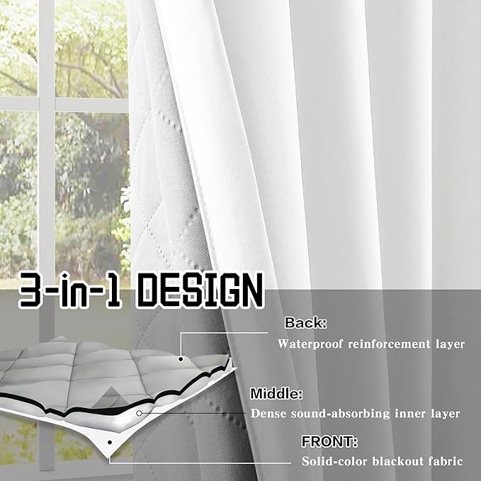 Extra Long 100% Blackout Curtains 3-in-1 Heavy Duty Soundproof Curtains Thermal Insulation Drapes Doorway Heat Insulating Curtains for Bedroom Living Room (1 Panel, White, 50" x 120")
