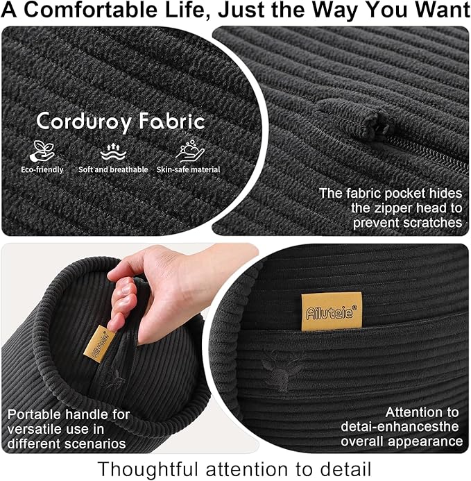 Body Pillow for Adults – Corduroy Long Round Bolster Pillow for Bed, Cuddle Pillow with Full Support for Side Sleepers & Restful Sleep,47 x 7.87 Inches,Lamp Black