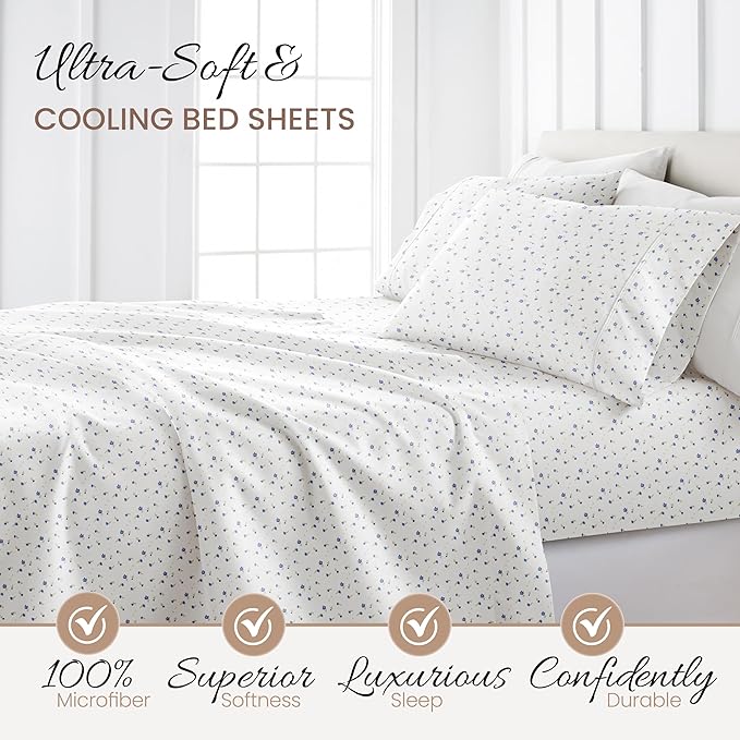 Linen Market Double-Brushed Patterned Microfiber California King Sheet Set 4 Piece – Oeko-TEX Certified Ultra Soft & Wrinkle-Free - 16" Deep Pocket Sheets Easy Care Cal-King Size - Soft Floral Blue