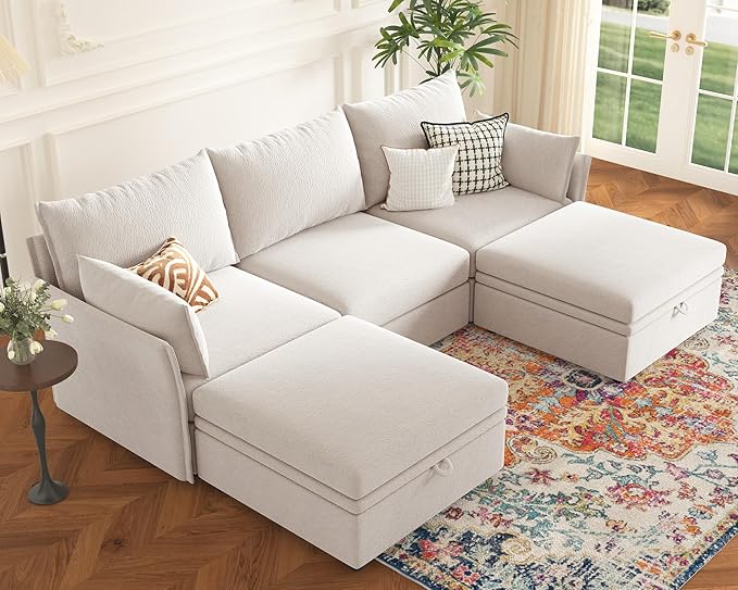 ABCASA 102.6" U Shaped Modular Sectional Sofa, 5 Seater Couch with Storage Ottoman Deep Seat and High Backrest with Removable Cover for Living Room, Apartment - Chenille White