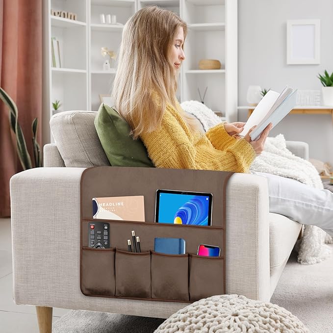 TV Remote Control Holder Couch Caddy, Non-slip Bedside Caddy Organizer with 5 Pockets for Key Glasses Phone Magazine Holders (Brown, 35''x18'')