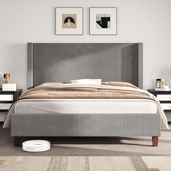 AMERLIFE Queen Size Upholstered Bed Frame with 50.8" Tall Headboard, Wingback Platform Bed with Solid Wood Legs, Wooden Slats, Corduroy/No Box Spring Needed/Noise Free/Greige