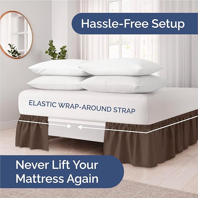 Wrap Around Dust Ruffle Bed Skirt - Brown - for Queen Size Beds with 18 Inch Drop - Easy Fit Elastic Strap - Adjustable Pleated Bedskirt w/Brushed Fabric - Wrinkle Free - for Women, Men, Kids & Teens