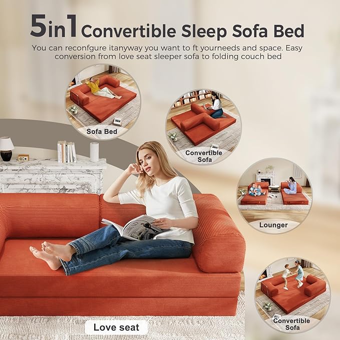 5-in-1 Folding Convertible Sofa Bed, 78 Inch Oversized Corduroy Upholstered Boneless Couch, Loveseat Sleeper with Pull Out Bed, Floor Sofa Modular Futon Couch for Living Room Bedroom Lounge
