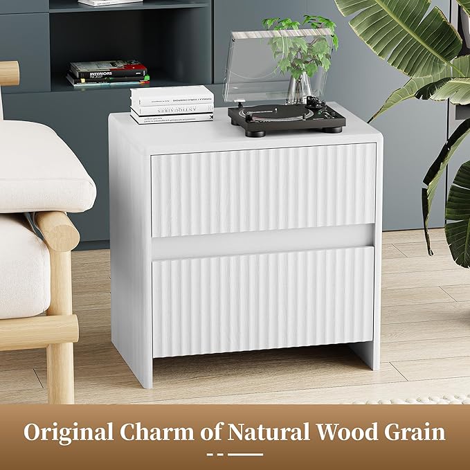 Fluted Nightstand, 23" Wide Bedside Table with 2 Storage Drawers, Modern Night Stand for Bedroom, White