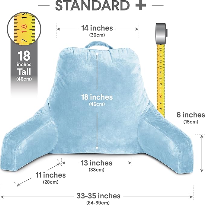 Husband Pillow Sky Blue, Original Reading Pillow in Bed Rest Chair, Shredded Memory Foam Large Lounge Cushion Adult Backrest with Arms, Comfy Back Support for Sit Sitting Up, Wash/Removable Cover