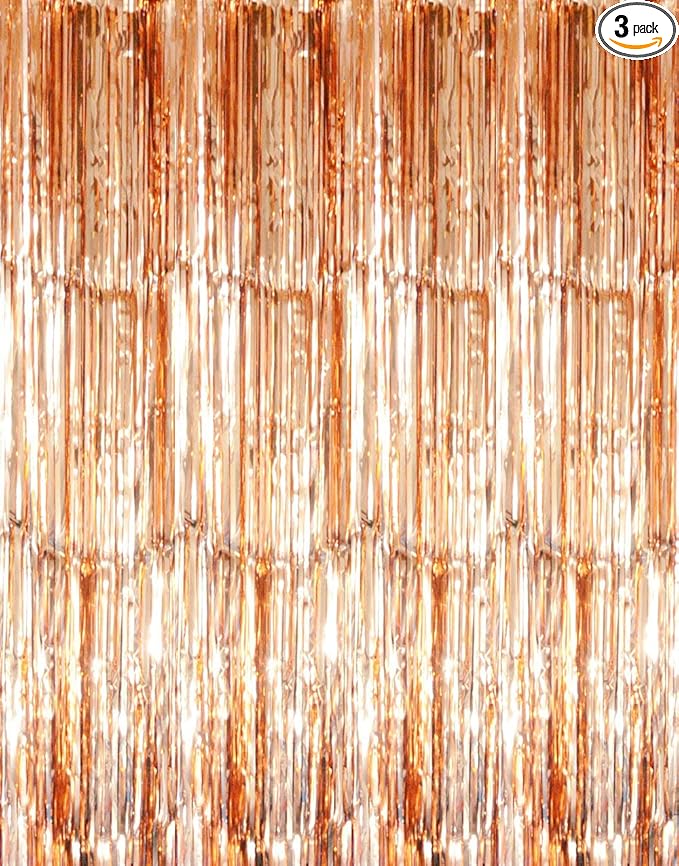 GOER 3.2 ft x 8.2 ft Metallic Tinsel Foil Fringe Curtains Party Photo Backdrop Party Streamers for Birthday,Graduation,New Year Eve Party Decorations Wedding Decor (3 Packs,Champagne Gold)
