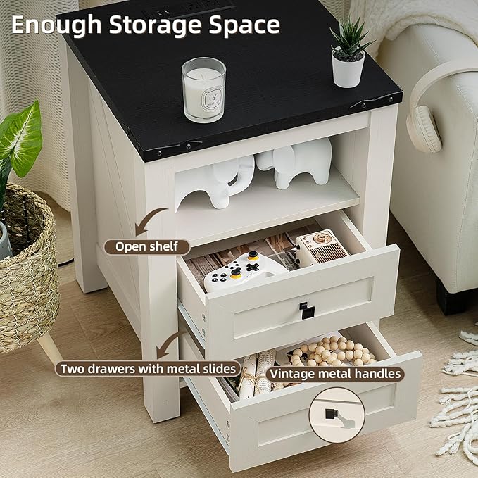 Joaxswe Night Stands with Charging Station Set of 2, Farmhouse Nightstand, White Wooden Bedside End Tables with 2 Drawers and Open Shelf, Bed Side Table for Bedroom, Living Room, Closet, Office