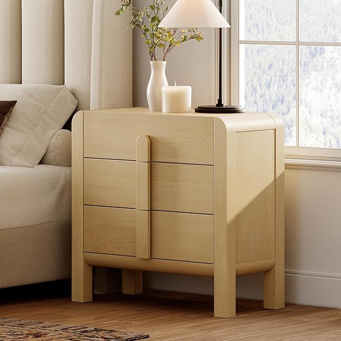 WAMPAT Modern 3 Drawer Nightstand, 31.5" Tall Nightstand End Table Bed Side Table w/Curved Profile Design, Wooden Bedroom Dresser with Large Chest of Drawers for Bedroom, Living Room, Oak