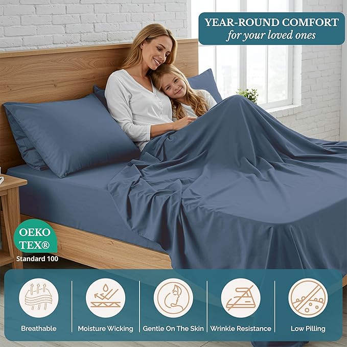 Casa Platino Bedding Sheets & Pillowcases, 3 Piece Set, Pre-Washed Fade Resisitant Cozy Twin Bed Set, 100% Hydro-Brushed Microfiber, Twin Sheet fits up to 15 inch Mattress- Estate Blue