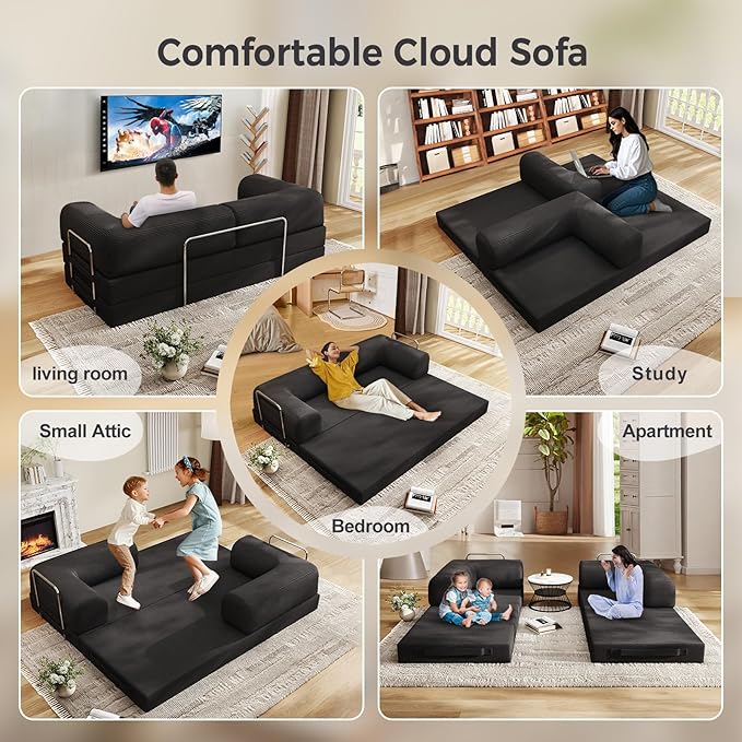 5-in-1 Folding Convertible Sofa Bed with L-Shaped Cylindrical Pillow, Corduroy Boneless Couch, Pull Out Bed, Floor Sofa Modular Futon Couch for Living Room Bedroom Lounge - No Assembly Needed in