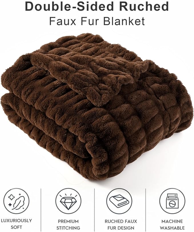 BATTILO HOME Rust Brown Faux Fur Throw Blanket for Bed, Large Double Side Reversible Ruched Rabbit Fur Blanket for Couch, Living Room, Soft Warm Mink Cozy Blanket, 60x80 Inch