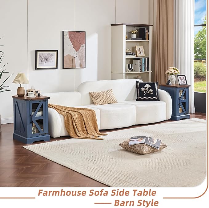 Farmhouse End Table Set 2, Narrow 18'' Night Stand with Glass Barn Door, 24" Square Side Table with Charger Station, Living Room Furniture Sets, Wood Nightstand Bedside Tables for Bedroom