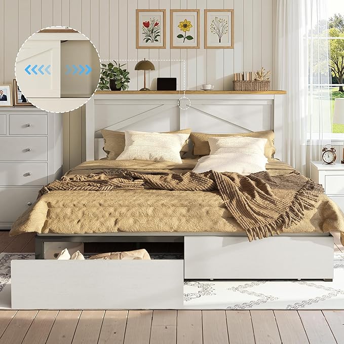 AMERLIFE King 47.2" H Bed Frame with Hidden Space Bookcase Headboard and Charging Station, Beds with 2 Storage Drawers and Wood Slats, No Box Spring Needed, White & Barnwood