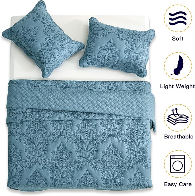 CHIXIN Bedspread Coverlet Set Queen Size - Lightweight Bedding Cover - Beautiful Stitching - 5 Piece Reversible Bedspread - Luxury Damask Paisley Pattern (Queen, Lagoon)