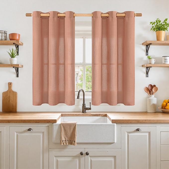 YoungsTex Terracotta Linen Curtains 45 Inch Length for Kitchen Window, Short Semi Sheer Window Drapes with Bronze Grommet Privacy Light Filtering for Living Room, 42 x 45 Inch, 2 Panels
