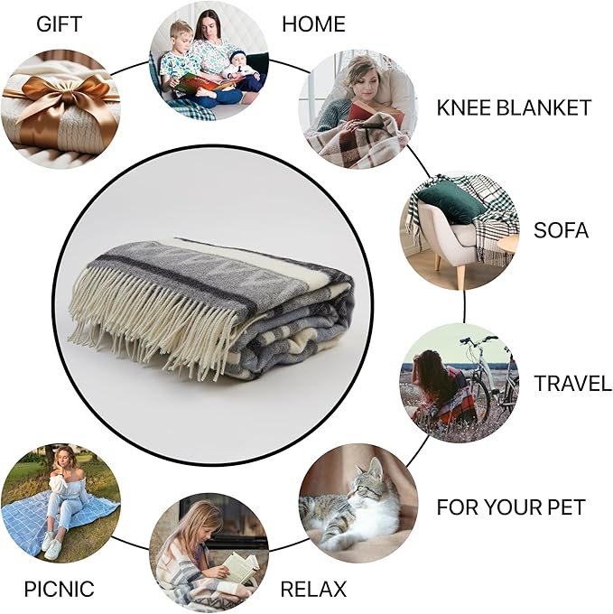 | Wool Blanket/Throw | 100% New Zealand Wool | Perfect for Home and Outdoors | Virgin Wool Throw with Fringes 67"x79" (170 x 200 cm)