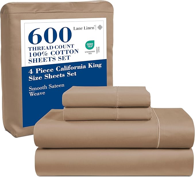 LANE LINEN 600 Thread Count 100% Cotton Sheets California King Size, Machine Washable Fully Elasticized Sofy & Comfy Low Pilling Cal Kings Sheets, Fade Resistant, Reinforced Fitted Pockets- Taupe
