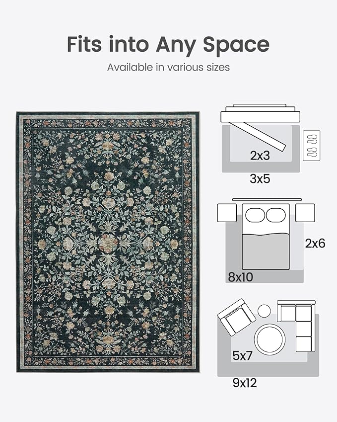 AMADA HOMEFURNISHING 6x9 Area Rugs, Washable Low-Profile Large Living Room Rug with Non-Slip Backing & Durable Edge Binding, Soft Vintage Rug for Bedroom, Dinning Room, Home Office