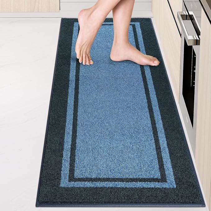 Kitchen Rugs 24" x 70", Non-Slip Machine Washable Kitchen Runner Rugs Floor Mats, Absorbent Comfort Standing Mats for Kitchen, Sink, Laundry and Hallway, Rolled Packaging, Light Blue & Navy