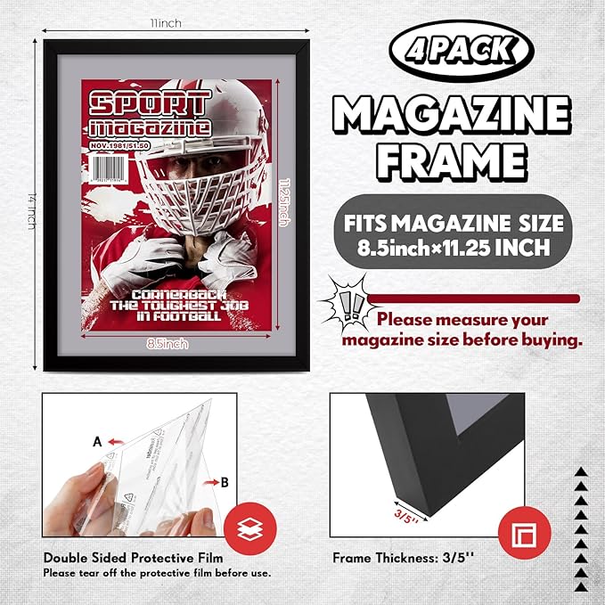 Geetery 4 Pcs Sports Magazine Frame for Wall Fits Measuring 8.5 x 11.25" Magazine Display Frame with Installed Hangers and Core Matting Plastic Comic Book Frames for Wall Hanging(Black, Grey Mat)