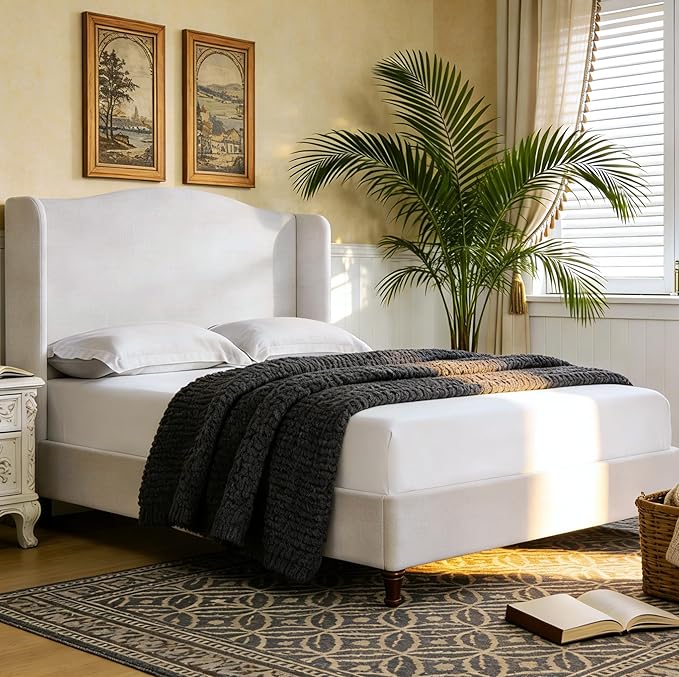 Queen Size Bed Frame with 54" Extra Tall Headboard - Luxury Chenille Upholstered Wingback Platform Bed, 1000lbs Heavy Duty, No Box Spring Needed(Ivory White Chenille Camelback,Queen)
