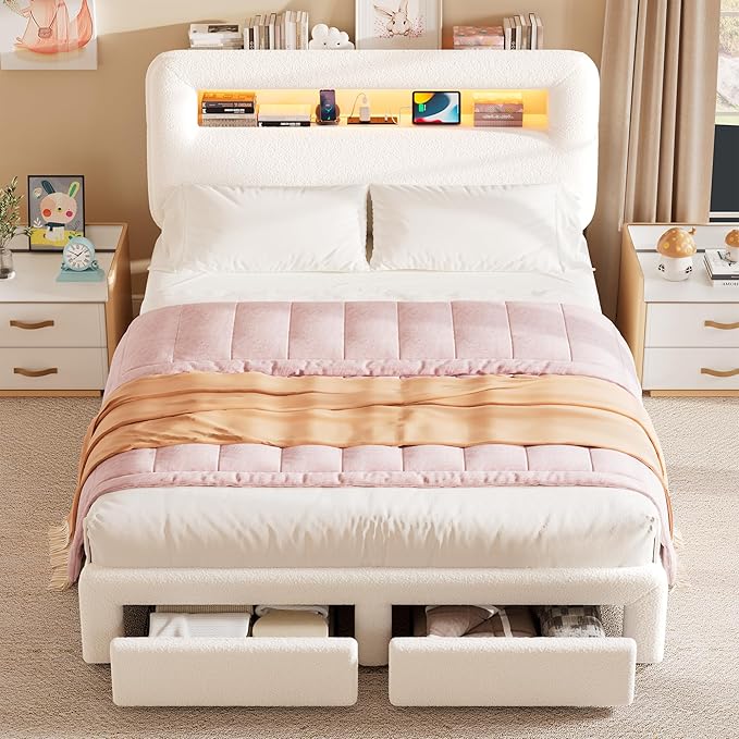 King LED Bed Frame with Storage Headboard & Charging Station, Kids Bed Frames with Bookcase, Teddy Fleece Upholstered Platform Bed Frames with 2 Storage Drawers, Noise Freed, Beige