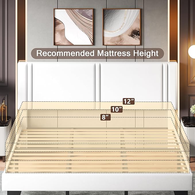 Upholstered King Size Bed Frame with Linen Fabric Headboard, Strong Wooden Slats Support, Noise Free, No Box Spring Needed, White