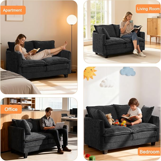 Loveseat Sofa Cloud Sofa Couch 50'', Modern Loveseats 2 Seat Couch 27" Deep Seat with 2 Pillows for Small Spaces Apartment Studio Office Bedroom Living Room 8834-BLACK