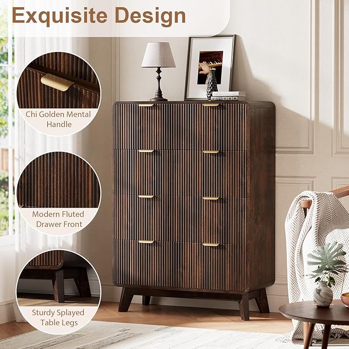 QUW Fluted Dresser for Bedroom with 5 Drawers, Modern 40.2" Tall Drawer Dressers with Metal Handle, Wooden Chest of Dresser for Living Room, Hallway, Dark Walnut