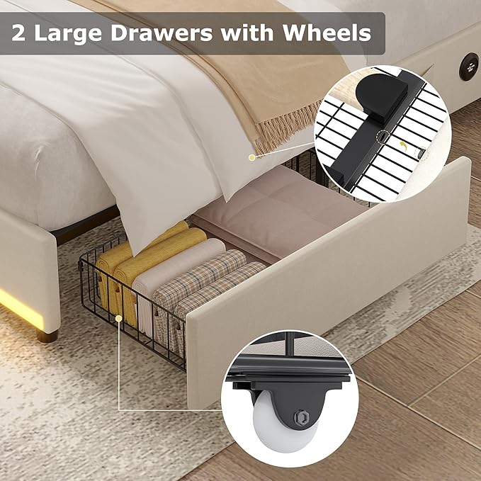 VECELO Queen Size Bed Frame with Storage Drawers, Upholstered Platform Bedframe with Wingback Headboard, No Box Spring Needed, Beige