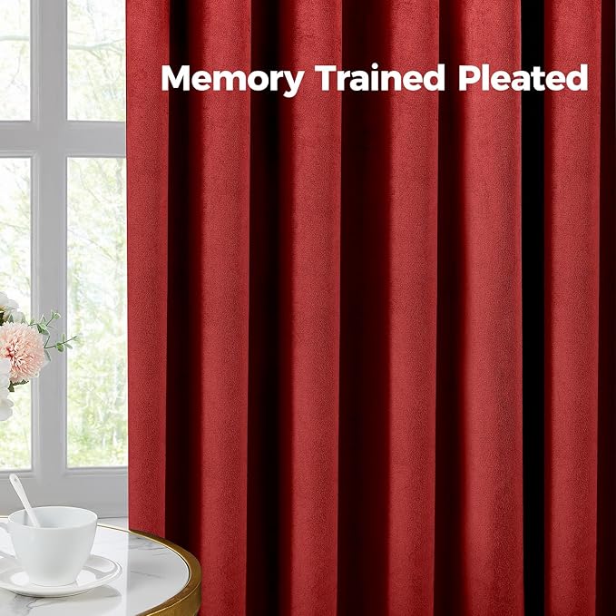 Pinch Pleated 100% Blackout Curtains for Bedroom, Red Velvet Curtains for Living Room, Black Out Curtain 96 inch Long Room Darkening, Blackout Pinch Pleat Drapes with Hooks 2 Panels