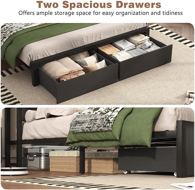 Farmhouse Queen Bed Frame with Bookcase Storage Headboard, Charging Station, LED Light and 2 Storage Drawers, Noise Free, No Box Spring Needed, Black
