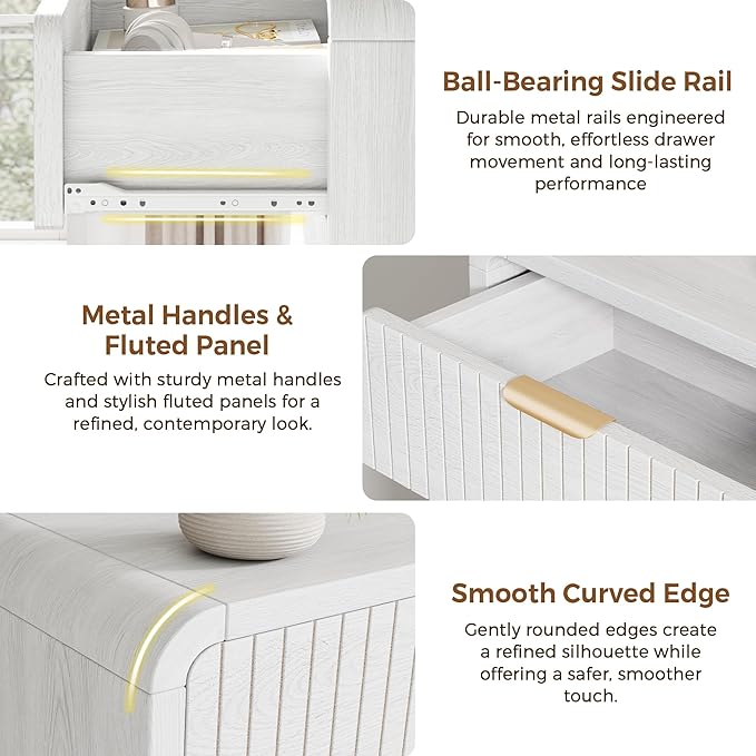 Fluted 5 Drawer Dresser for Bedroom, 43" Tall Dressers & Chests of Drawers Curved Profile Design, Wood Mid Century Vertical Dresser Natural Texture for Bedroom, White Dresser