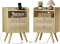 SUPERJARE 2 Drawer Night Stand with Charger Station, Boho Rattan Nightstand Set of 2, 25.2 Inch Tall Bed Side Table with Solid Wood Feet, End Table, Open Storage, Synthetic Rattan, for Dorm, Natural