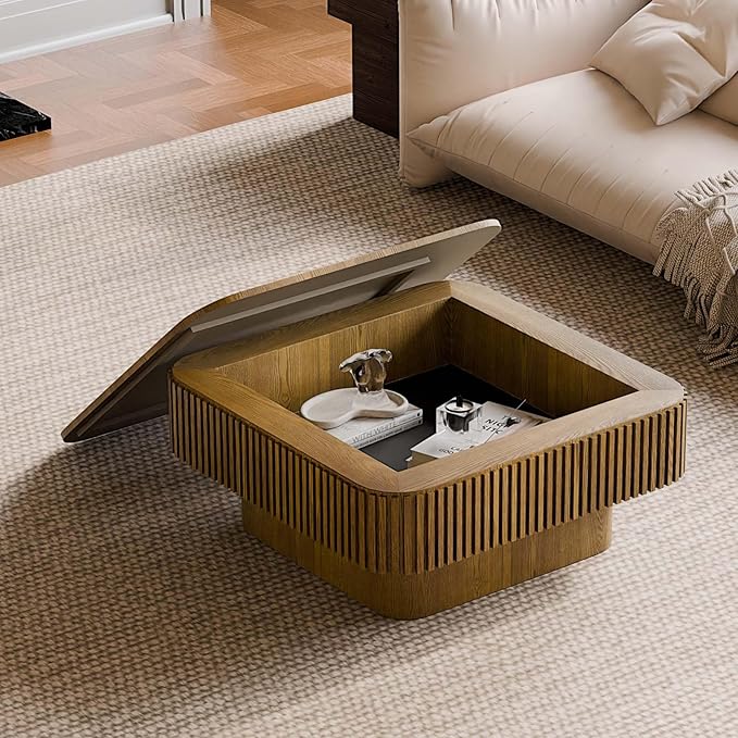 Square Small Coffee Table with Storage, Modern Wooden Coffee Table with Solid Wood Veneered, Fluted Center Table Drum Tea Table for Living Room Apartment, 31.5''L×31.5''W×14''H