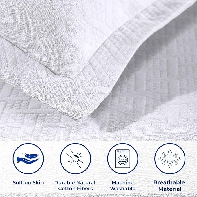 Superior 100% Cotton Basket Weave Bedspread with Shams, All-Season Premium Cotton Matelasse Jacquard Bedding, Quilted-Look Geometric Basket, Full, White