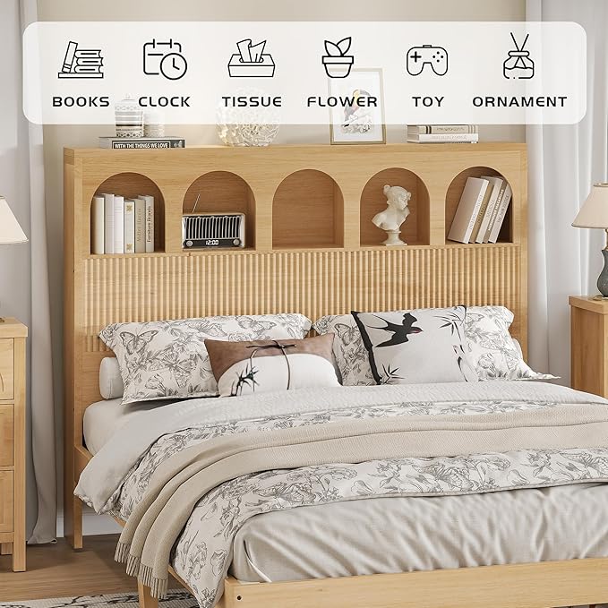Queen Bed Frame, Storage Headboard with 5 Arched Storage Compartments, 12.4 Inch Farmhouse Wooden Queen Bed Frame, No Box Spring Needed, No Noise (Wood Color)