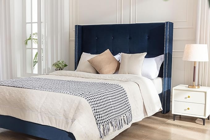 Queen Size Upholstered Bed Frame, 54" Tall Headboard Platform Bedframes with Nail Head Decorative Wingback, Hand Buttoned Tufting Headboard Beds/No Box Spring Needed/Minimalism, Blue Velvet