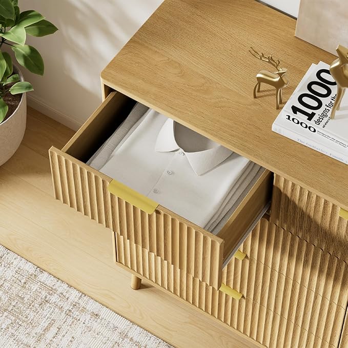 LYNSOM Fluted 9 Drawer Dresser for Bedroom, 55" Wide Modern Chest of Drawers with Curved Profile Design and Metal Handles, Wood Dresser TV Stand & Storage Organizer for Bedroom, Hallway, Oak
