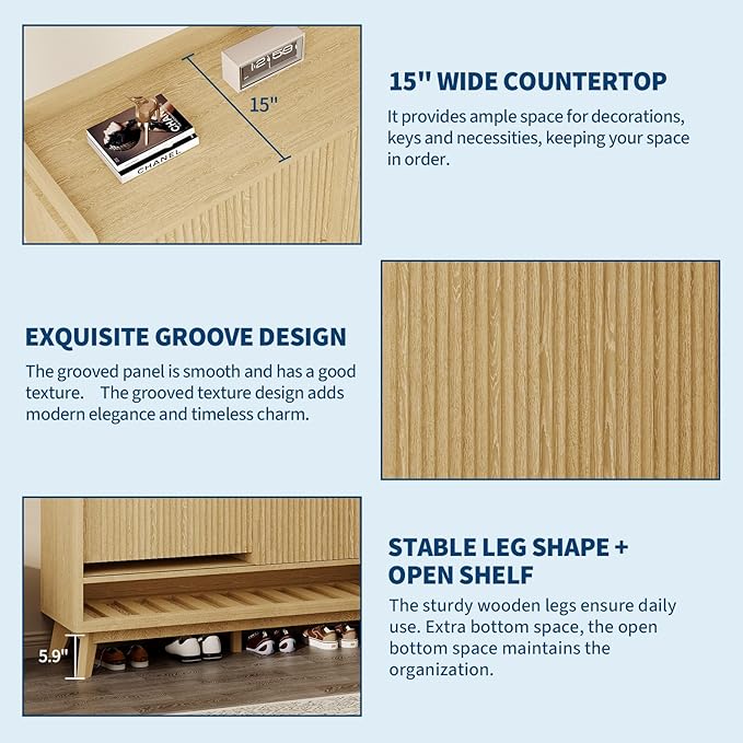 IDEALHOUSE Fluted Shoe Cabinet Storage with 2 Flip Drawers & Sliding Door & Adjustable Shelf Rack，Freestanding Wood Narrow Hidden Shoe Organizer for Entryway, Hallway, Living Room