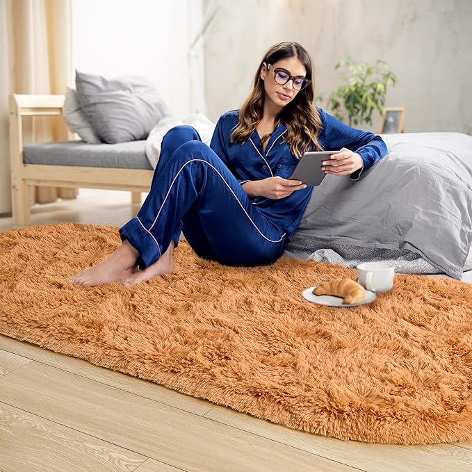 Noahas Fluffy Khaki Rugs for Bedroom Living Room,2.6'X5.3' Oval Throw Rug for Kids Room,Shag Hallway Runner Rug,Small Soft Shaggy Bedside Non-Slip Plush Nursery Dorm Carpet Home Decor Aesthetic
