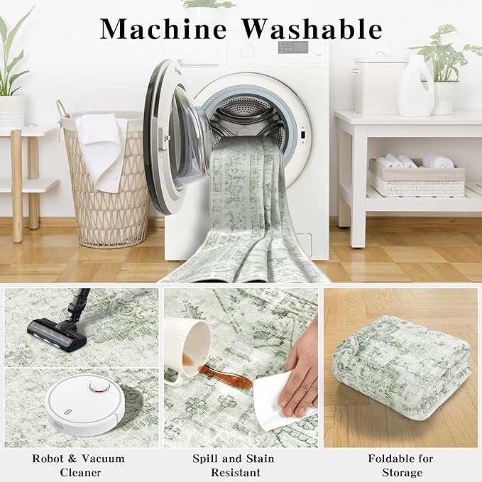 3x5 Vintage Washable Area Rugs Boho Medallion Large Distressed Retro Accent Carpet Floral Non-Slip Soft Low Pile Indoor Throw Rug for Living Room Bedroom Dining Room Office Kitchen, Green