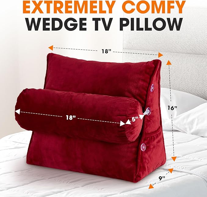 Cheer Collection Reading Wedge Pillow - Adjustable Wedge Reading Pillow with Neck Support, Hollow Fiber-Filled Backrest Pillow for Reading, Gaming, and TV Watching, Maroon